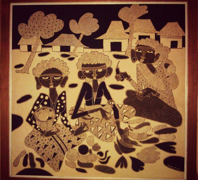 This gigantic wall hanging came home with me today--it's a batik image on fabric that has been mounted and framed.  I'd been admiring it for awhile, and bought it spur-of-the-moment today.  I love it!